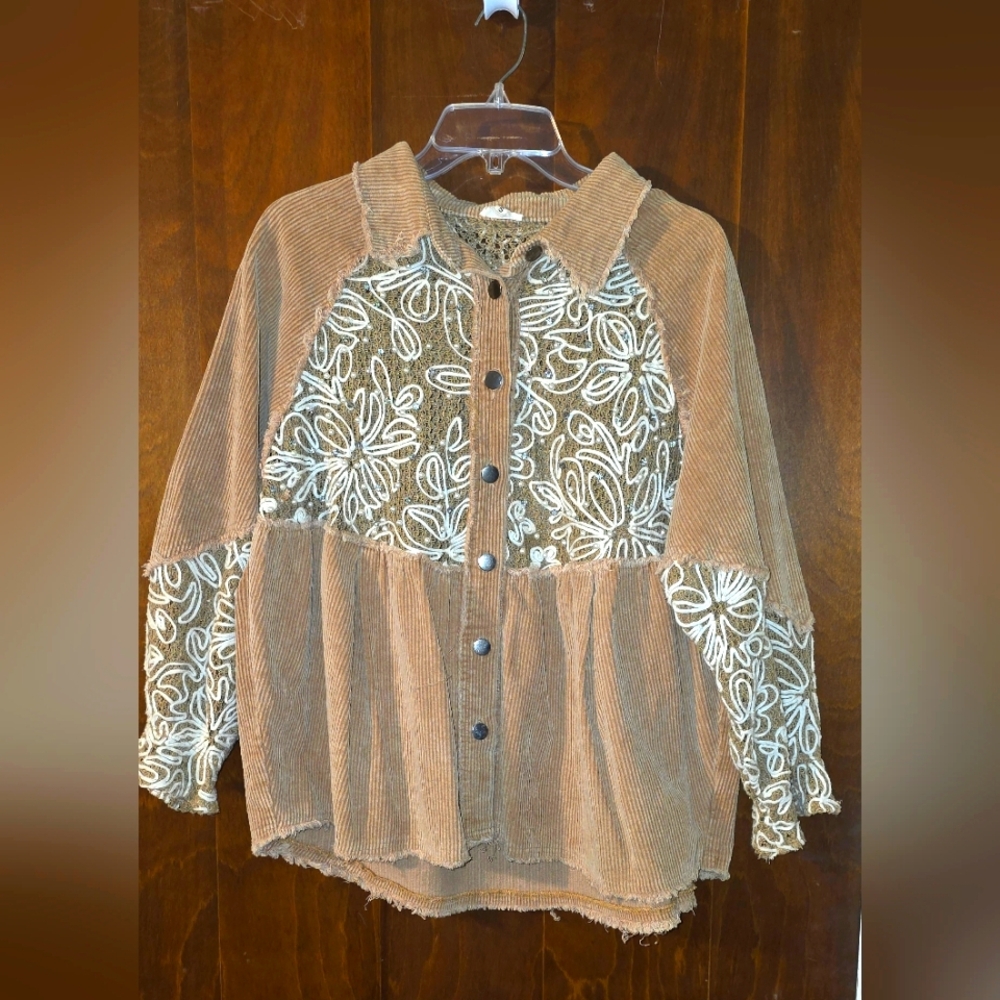 POL Corduroy Button-Down Shirt Jacket in Brown with Cream Embroidery